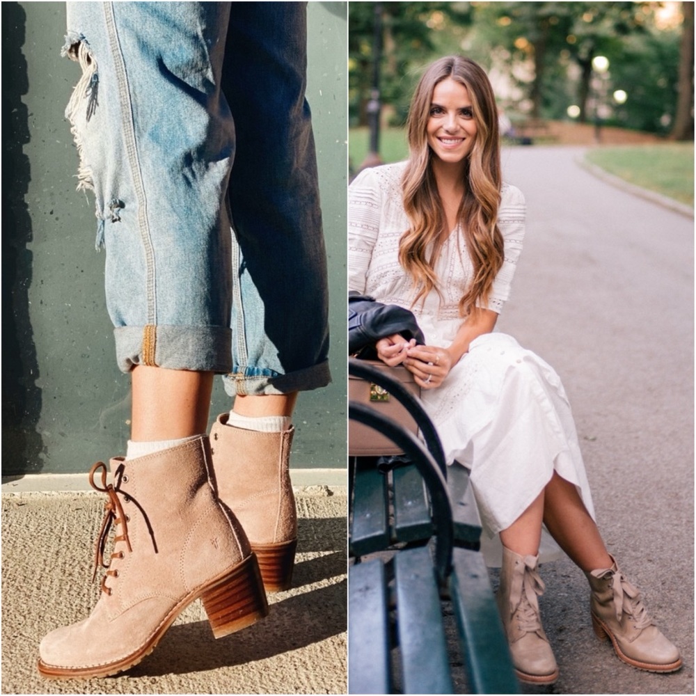 Frye Sabrina 6G Beige/Light Tan Suede/Leather Combat Heeled Everyday Ankle Boot